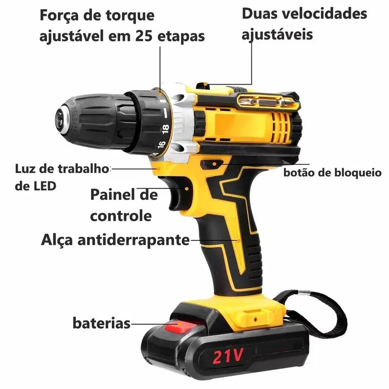 Parafusadeira elétrica de impacto 21v com duas baterias recarregáveis