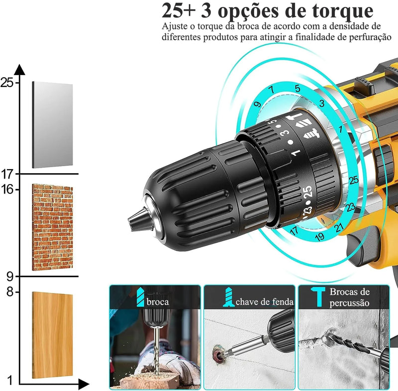 Parafusadeira elétrica de impacto 21v com duas baterias recarregáveis