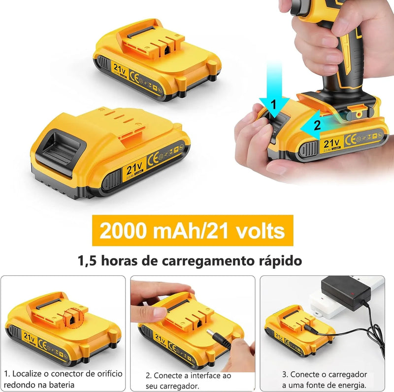 Parafusadeira elétrica de impacto 21v com duas baterias recarregáveis