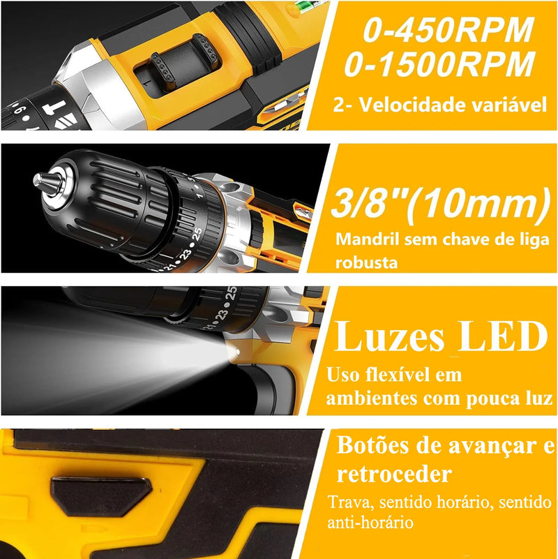 Parafusadeira elétrica de impacto 21v com duas baterias recarregáveis