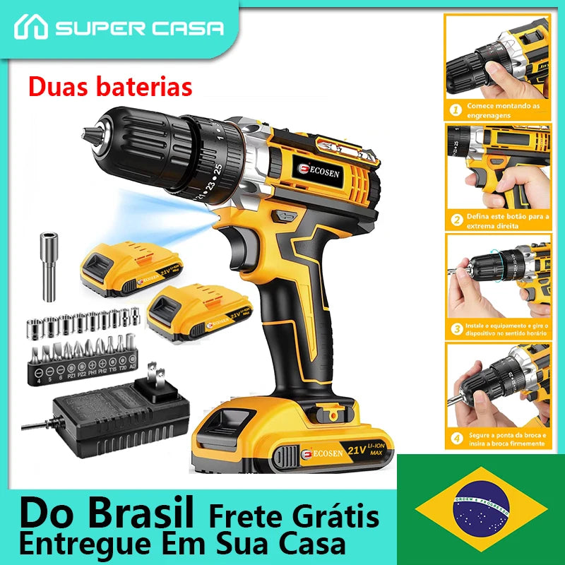 Parafusadeira elétrica de impacto 21v com duas baterias recarregáveis